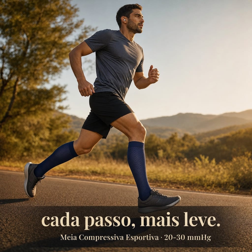 Meia Compressiva Esportiva Fisiovital — atleta em ação durante corrida com a meia 3/4 vestida
