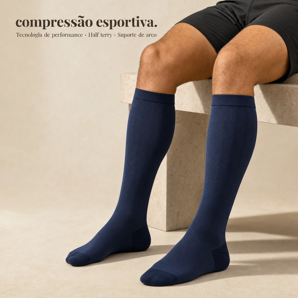Close detalhado da Meia Compressiva Esportiva Fisiovital mostrando estrutura half terry e zonas de compressão graduada