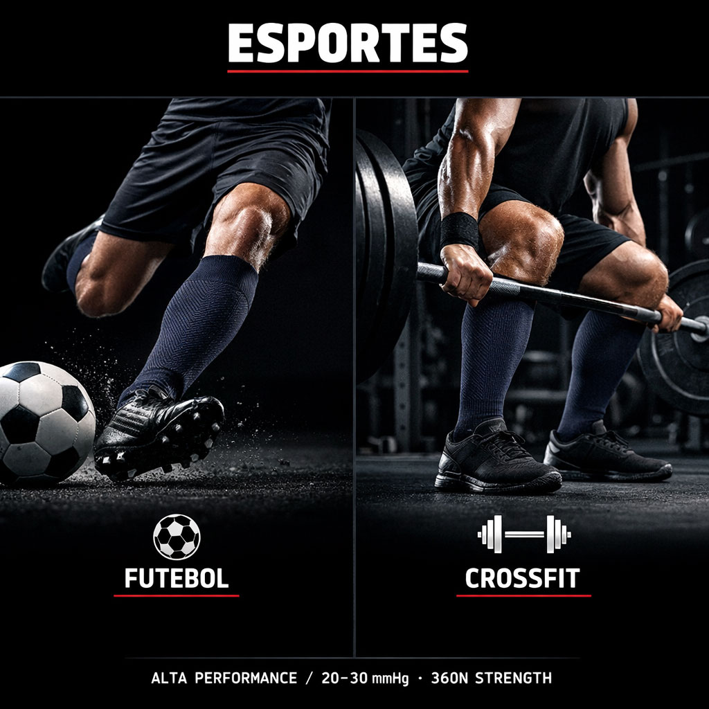 Atleta em ação utilizando a Meia Compressiva Esportiva Fisiovital — cor Azul Escuro