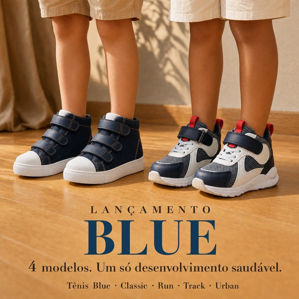 Tênis Blue Classic e Blue Run lado a lado em ambiente real — cano alto, contraforte rígido e solado terapêutico em destaque
