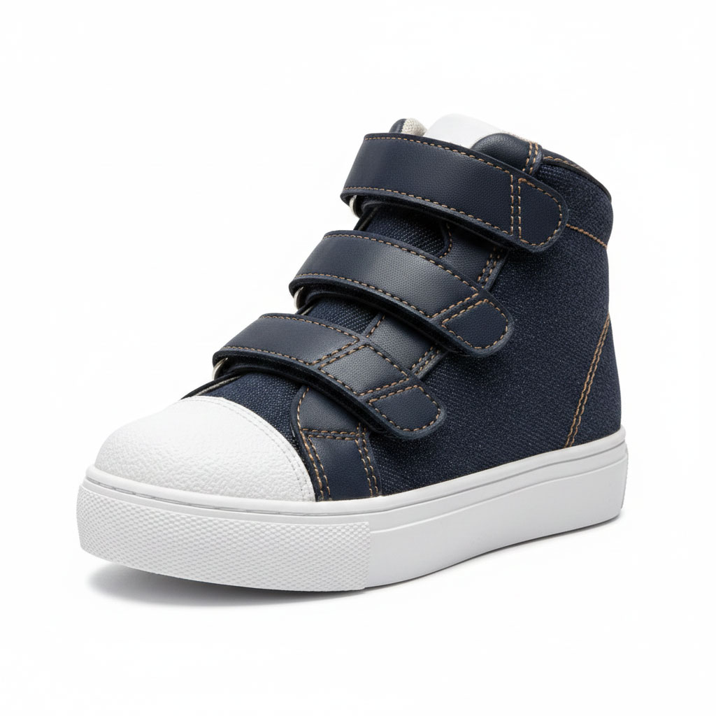 Tênis Blue Classic — jeans azul com 3 velcros e solado branco reto