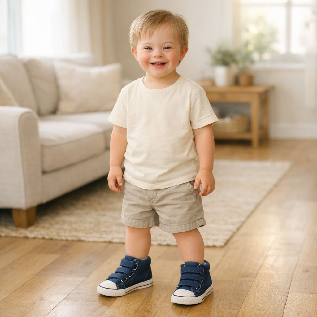 Criança em casa, sorridente, usando o Tênis Blue Classic — ambiente acolhedor