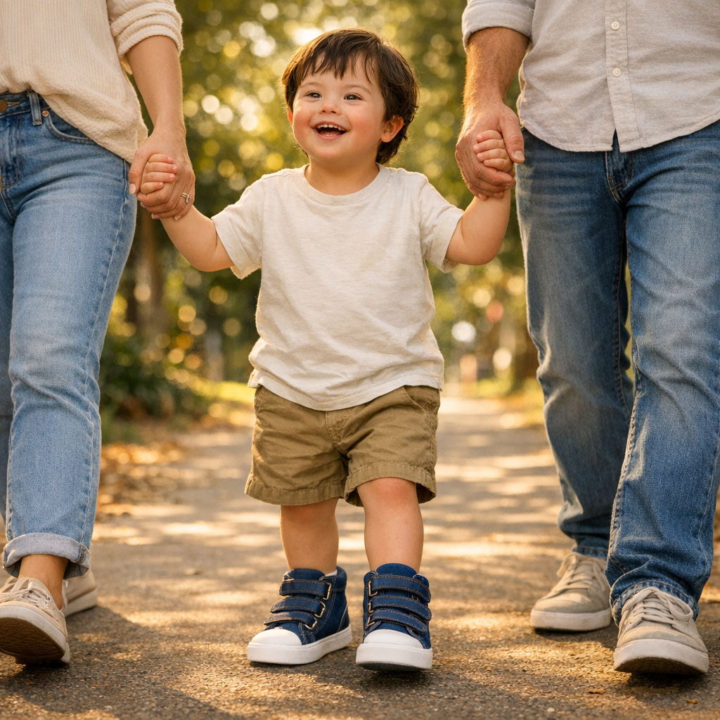 Criança caminhando entre os pais segurando suas mãos, usando o Tênis Blue Classic — luz dourada de fim de tarde