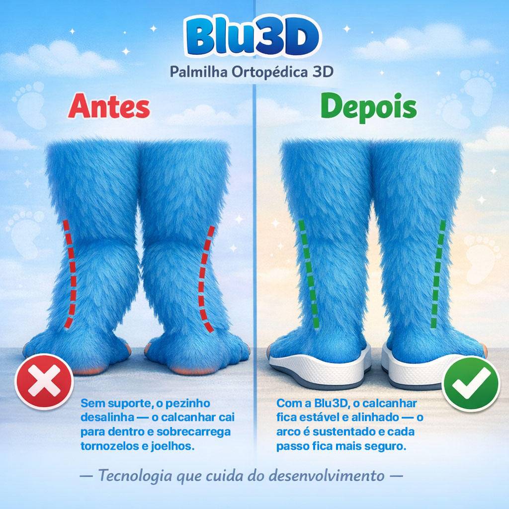 Antes e depois — calcanhar caindo para dentro sem suporte (à esquerda) vs calcanhar estabilizado pela Palmilha Blu3D (à direita)
