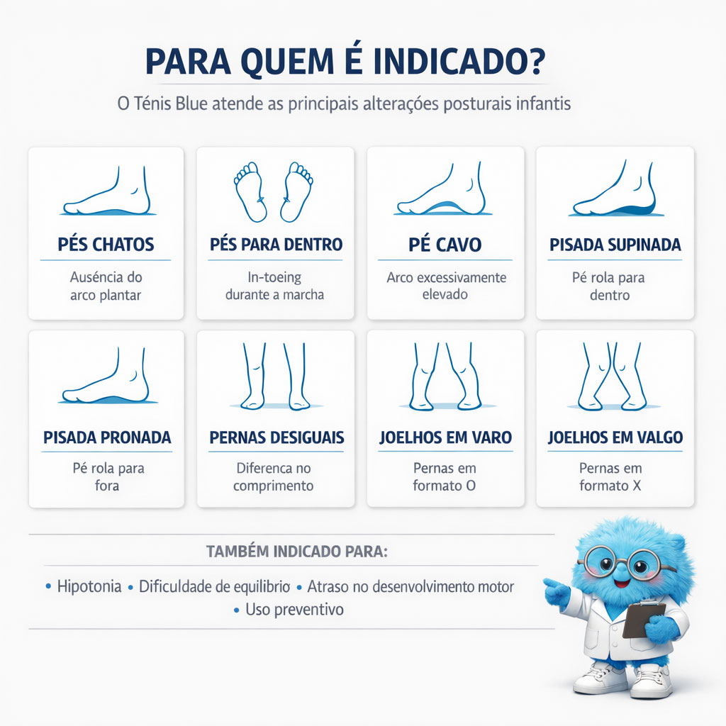 Criança usando Tênis Blue Classic — apoio para diferentes condições da pisada e postura infantil