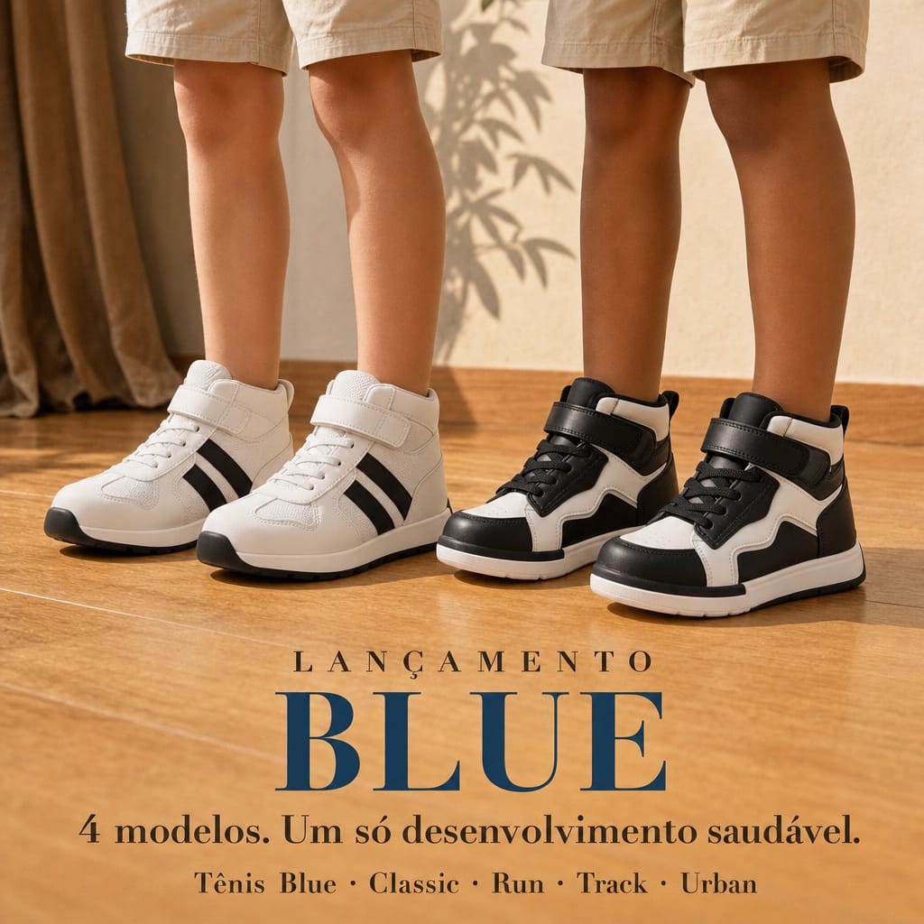 Tênis Blue Track e Blue Urban lado a lado em ambiente real — solado curvo e solado reto, mesma estrutura ortopédica interna