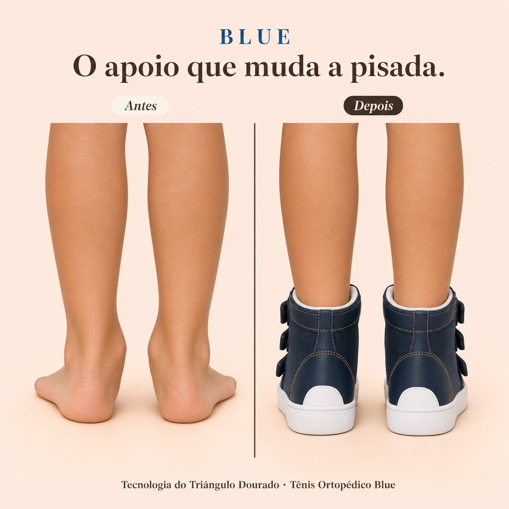 Antes e depois — pés descalços com tornozelo instável vs pés calçando o Tênis Blue Classic com calcanhar firme e alinhado